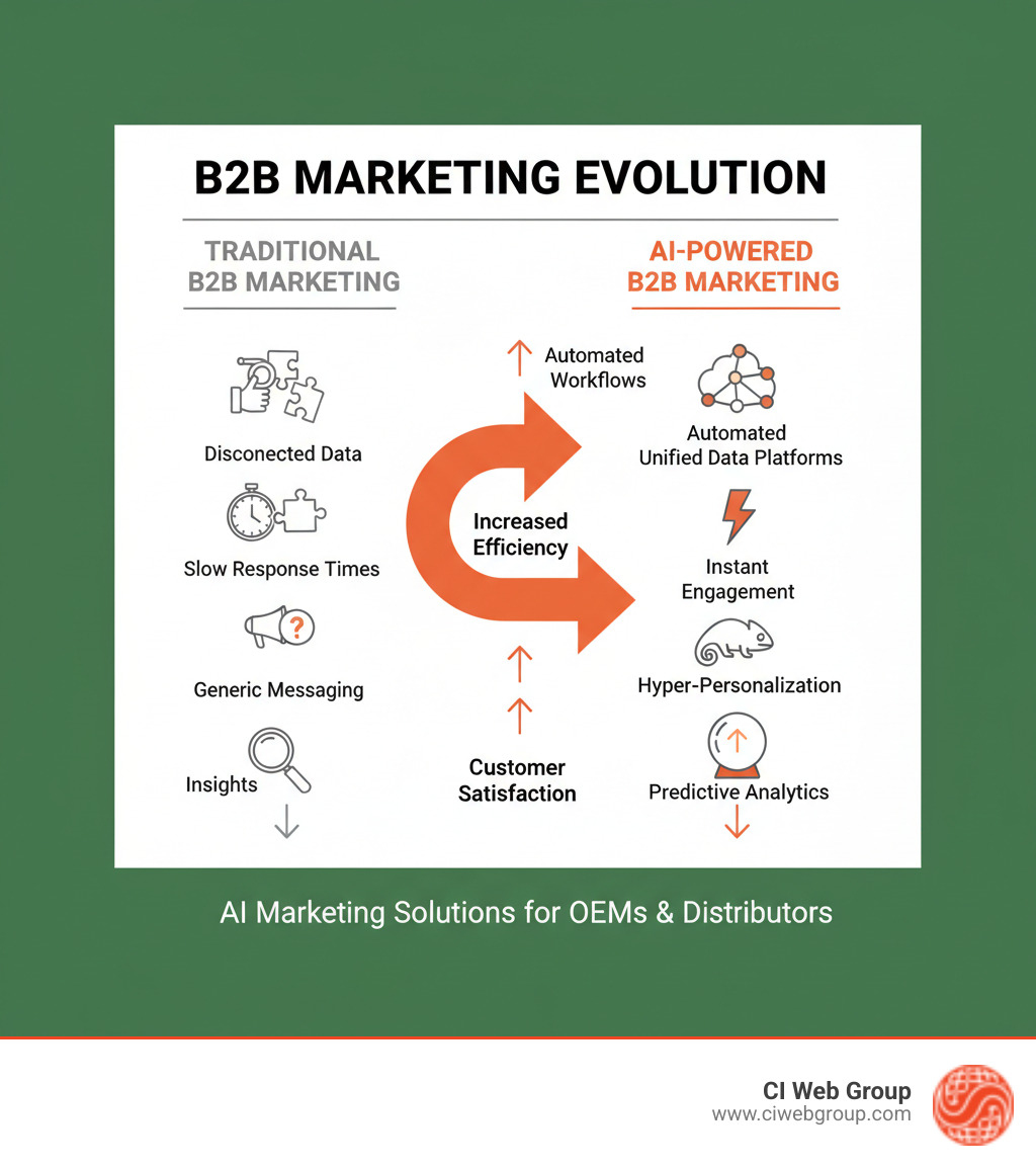 Infographic showing the evolution from traditional B2B marketing (manual processes, disconnected data, slow response times, generic messaging, limited insights) to AI-powered marketing (automated workflows, unified data platforms, instant engagement, hyper-personalization, predictive analytics) with arrows indicating increased efficiency, revenue growth, and customer satisfaction - AI Marketing Solutions for OEMs & Distributors infographic 