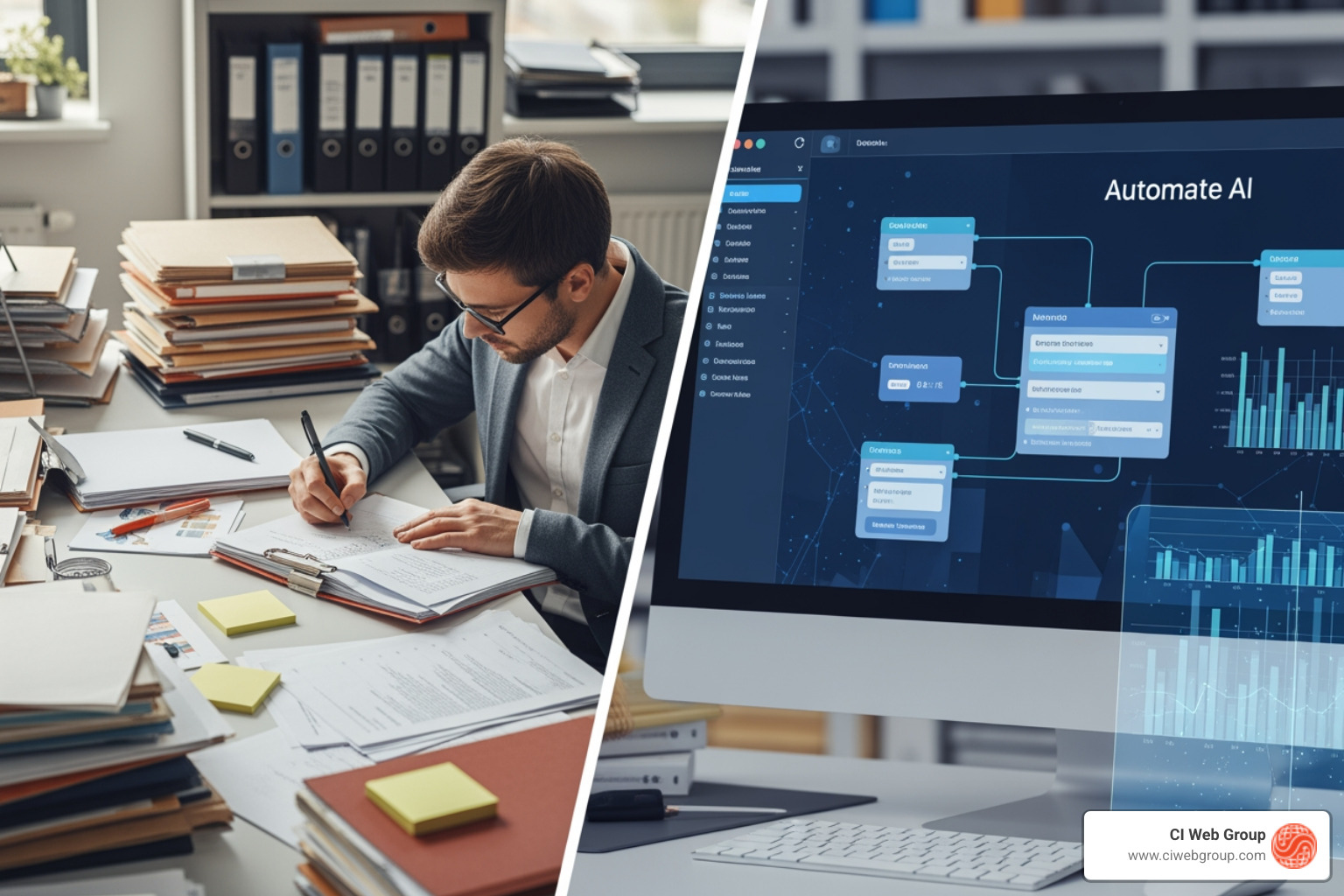 Split screen showing a manual process on one side and an automated AI workflow on the other - AI Marketing Solutions for OEMs & Distributors