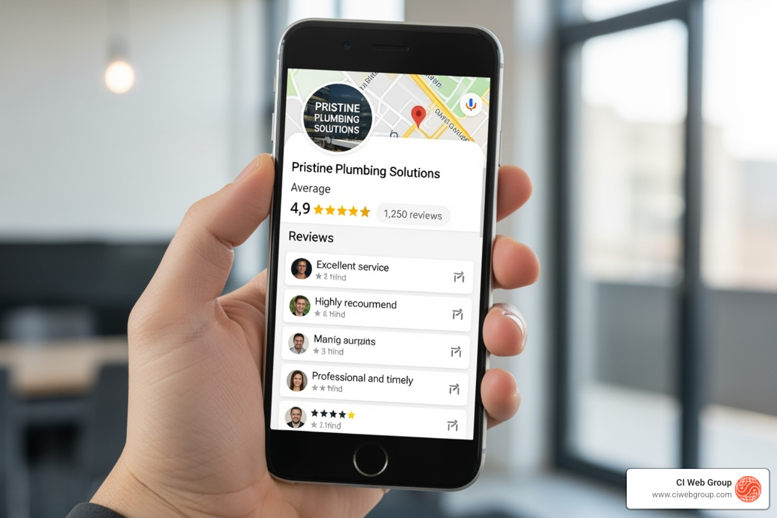 Plumber's Google Business Profile on a smartphone, showing 5-star reviews - Plumbing Branding