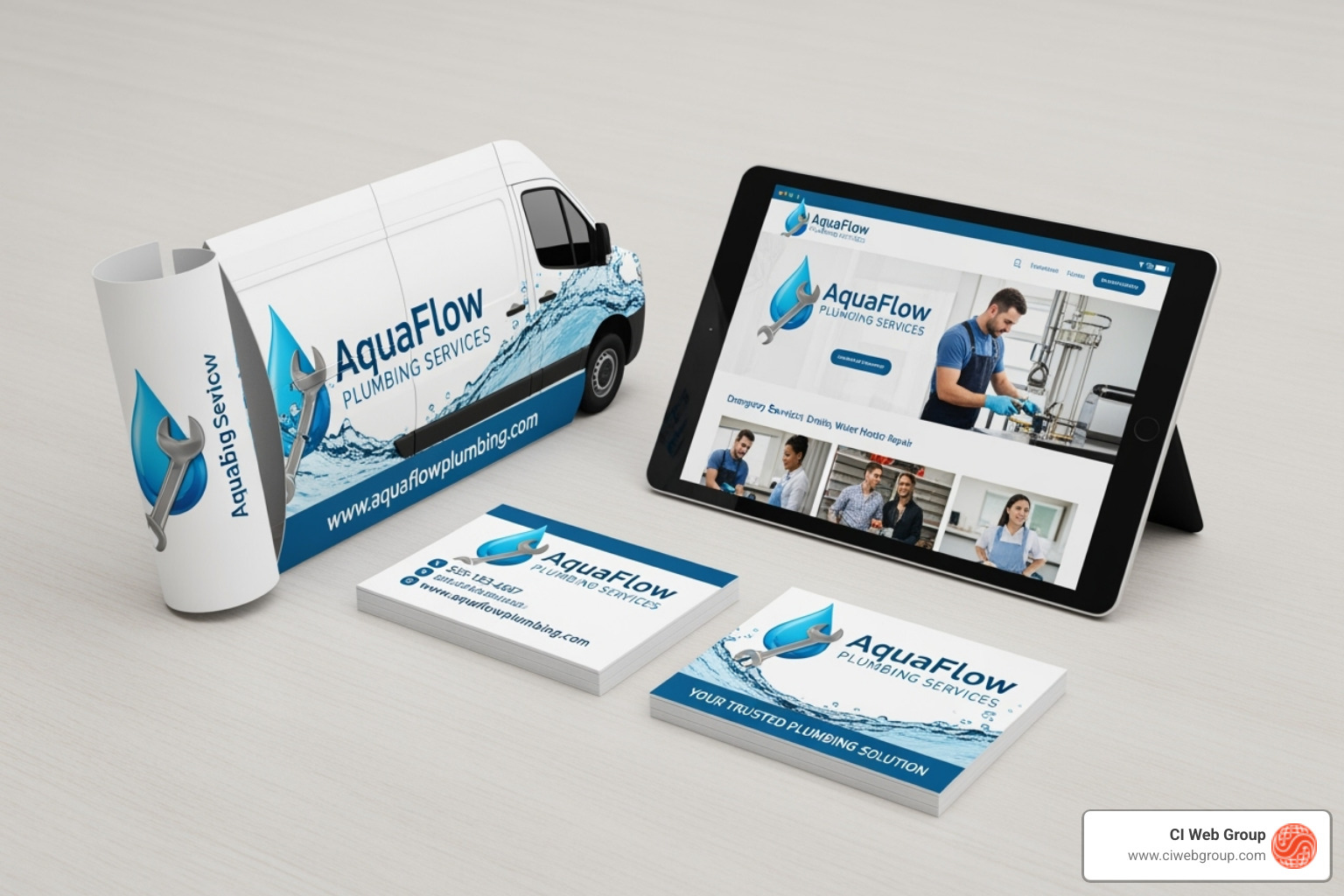 Cohesive set of branded materials including a business card, a van wrap, and a website on a tablet - Plumbing Branding