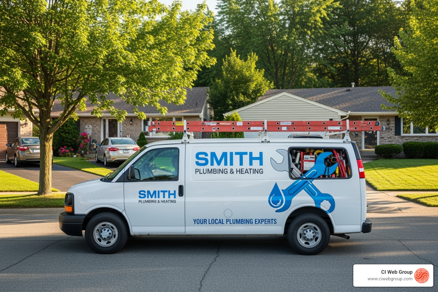 Plumber's van with professional branding driving through a neighborhood - Plumbing Branding