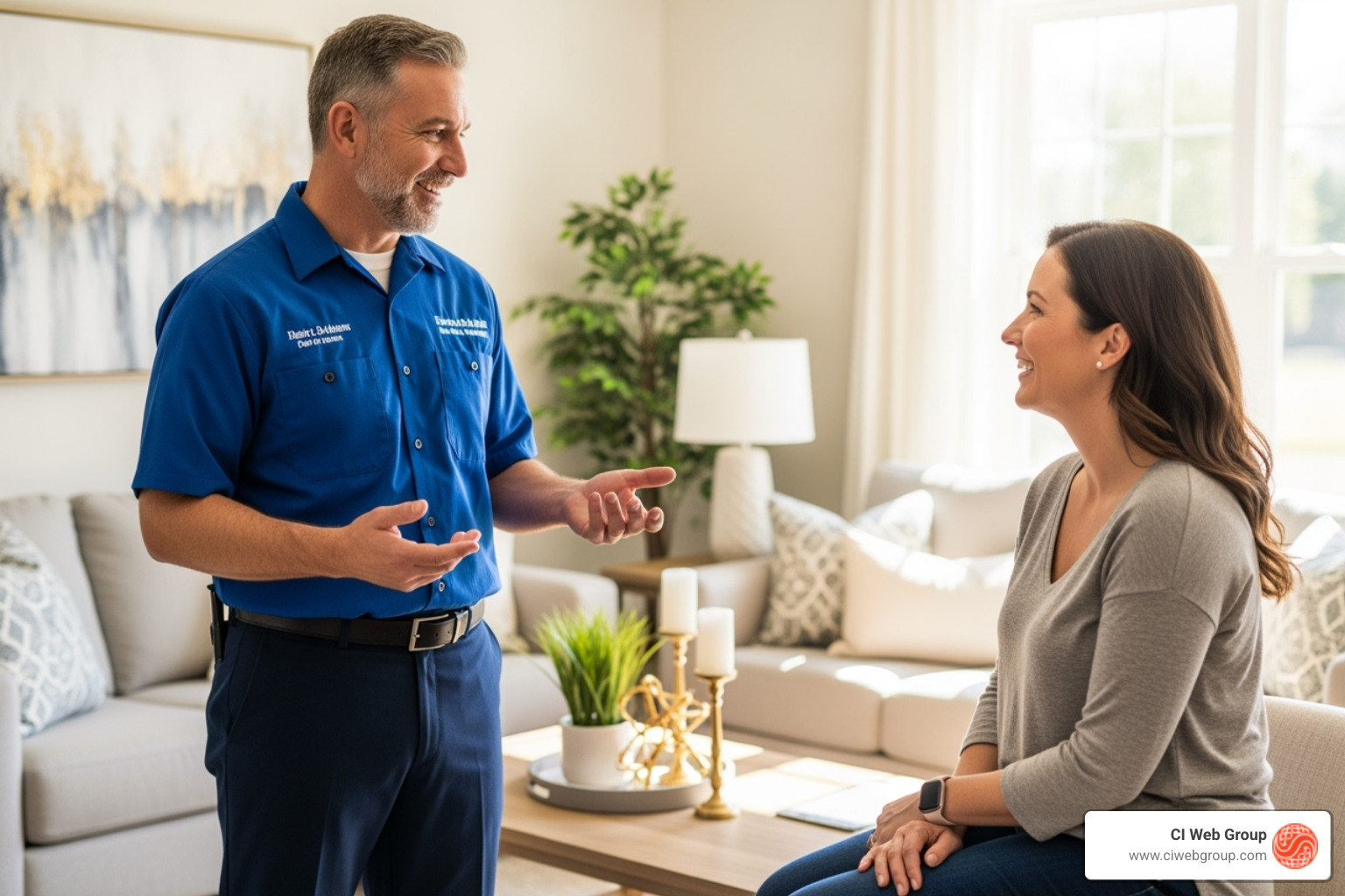 A plumber providing excellent customer service to a happy homeowner - Plumbing Branding