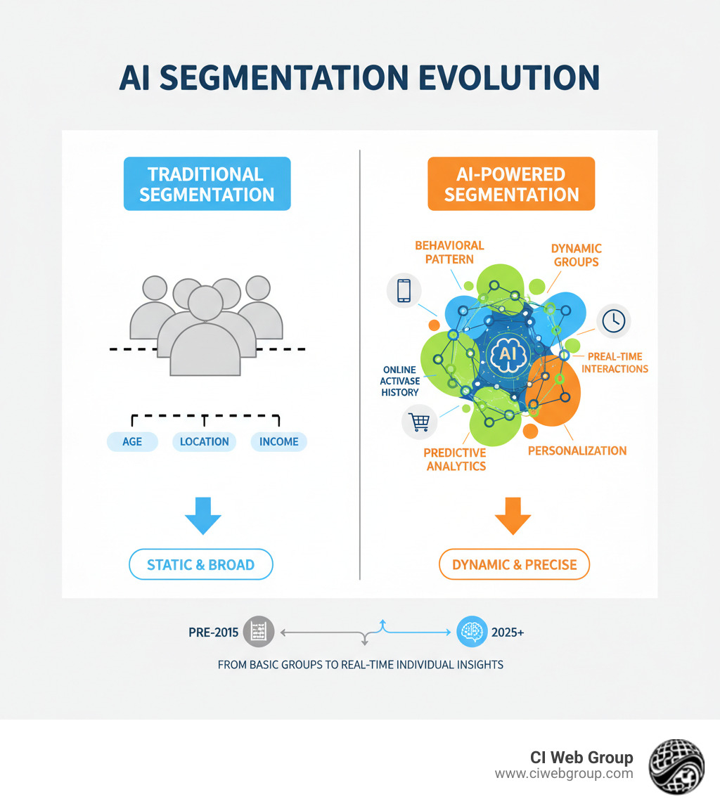 AI segmentation evolution from basic demographic groups to dynamic behavioral segments with real-time data processing and predictive analytics capabilities - ai-powered customer segmentation infographic 