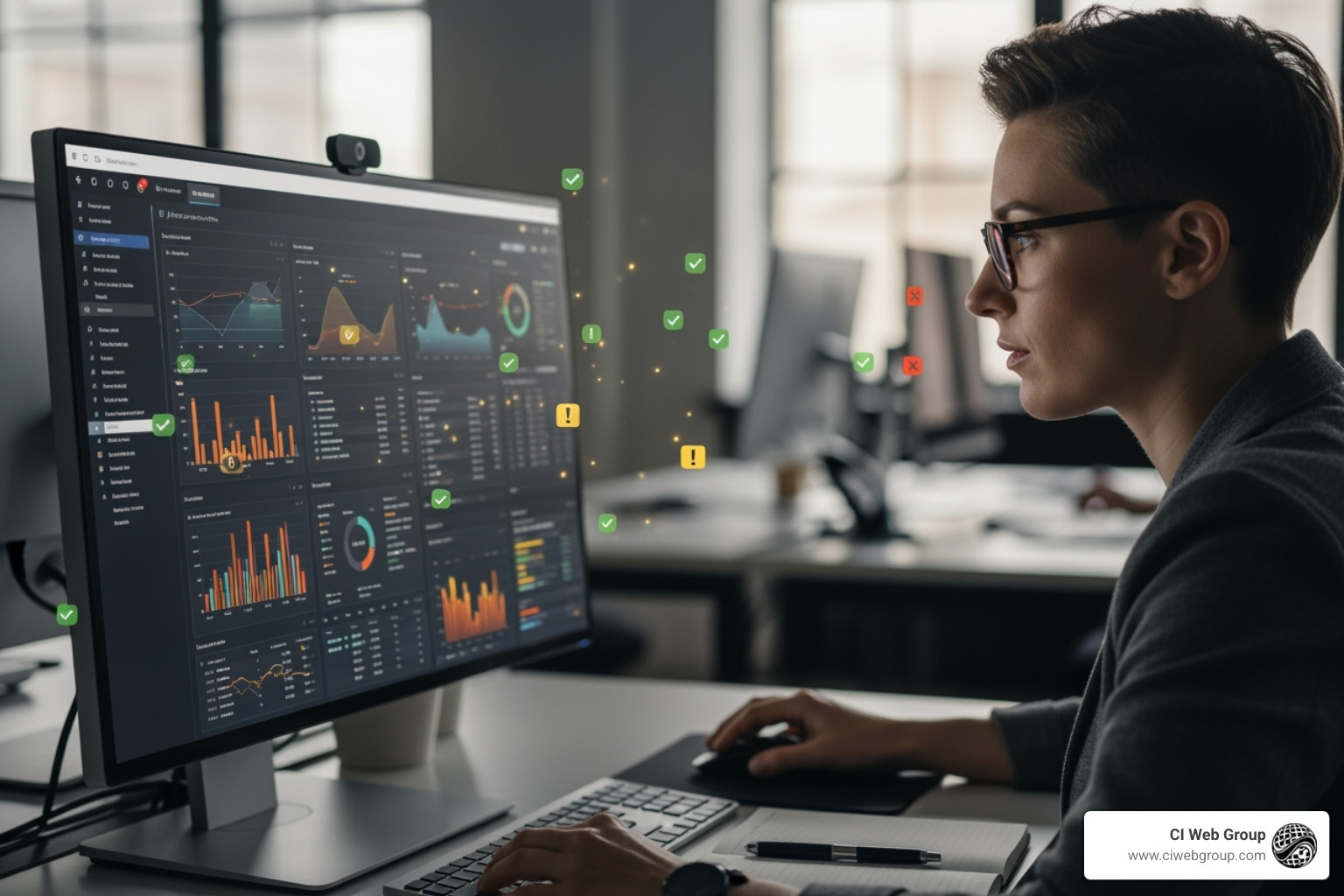 Person reviewing data on a screen with quality check icons - ai-powered customer segmentation