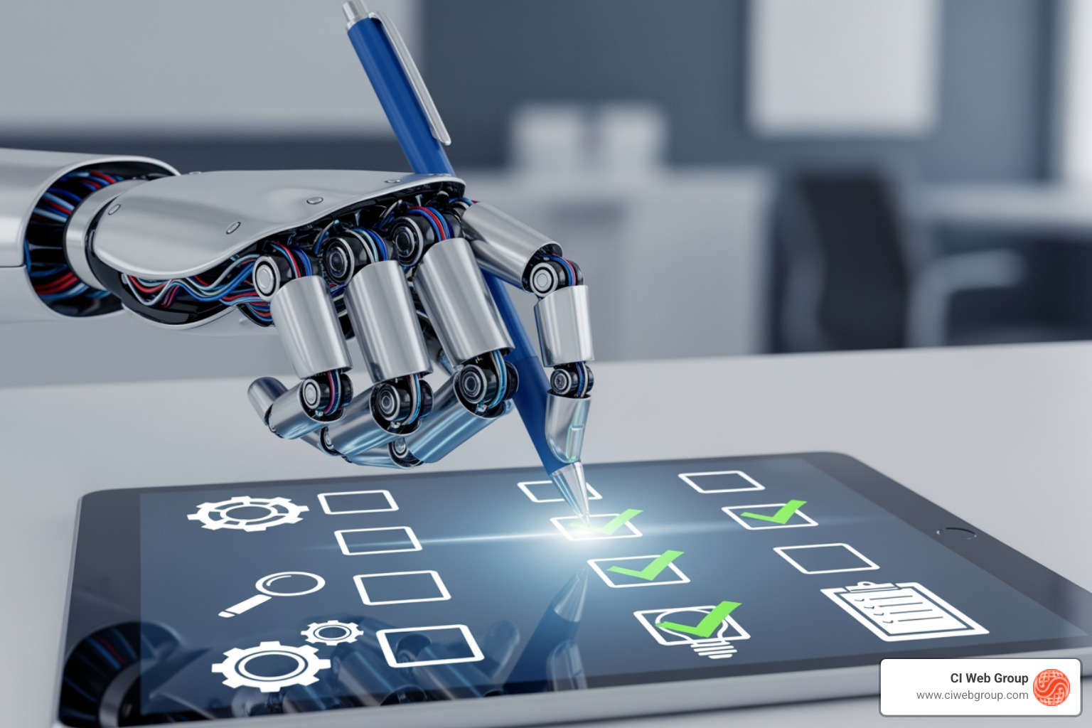checklist with SEO issues being automatically ticked off by a robot hand - AI-Powered SEO | Find & Fix SEO Issues Fast