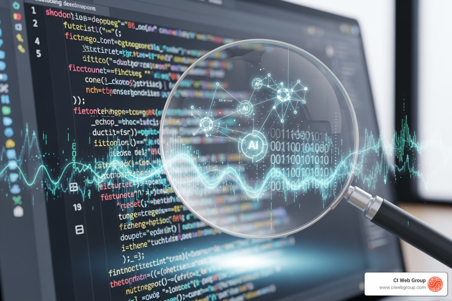 magnifying glass over website code with AI icons - AI-Powered SEO | Find & Fix SEO Issues Fast