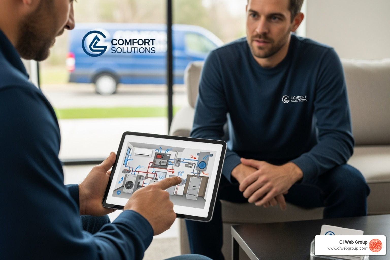 mobile-responsive HVAC website on a phone and desktop - HVAC contractor marketing