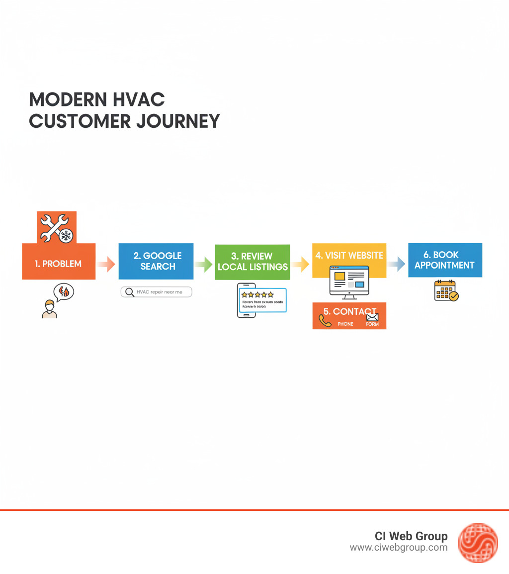Infographic showing the modern HVAC customer journey: customer experiences problem, searches Google for "HVAC repair near me", reviews local listings and reads reviews, visits company website, contacts via phone or form, books appointment - HVAC contractor marketing infographic 