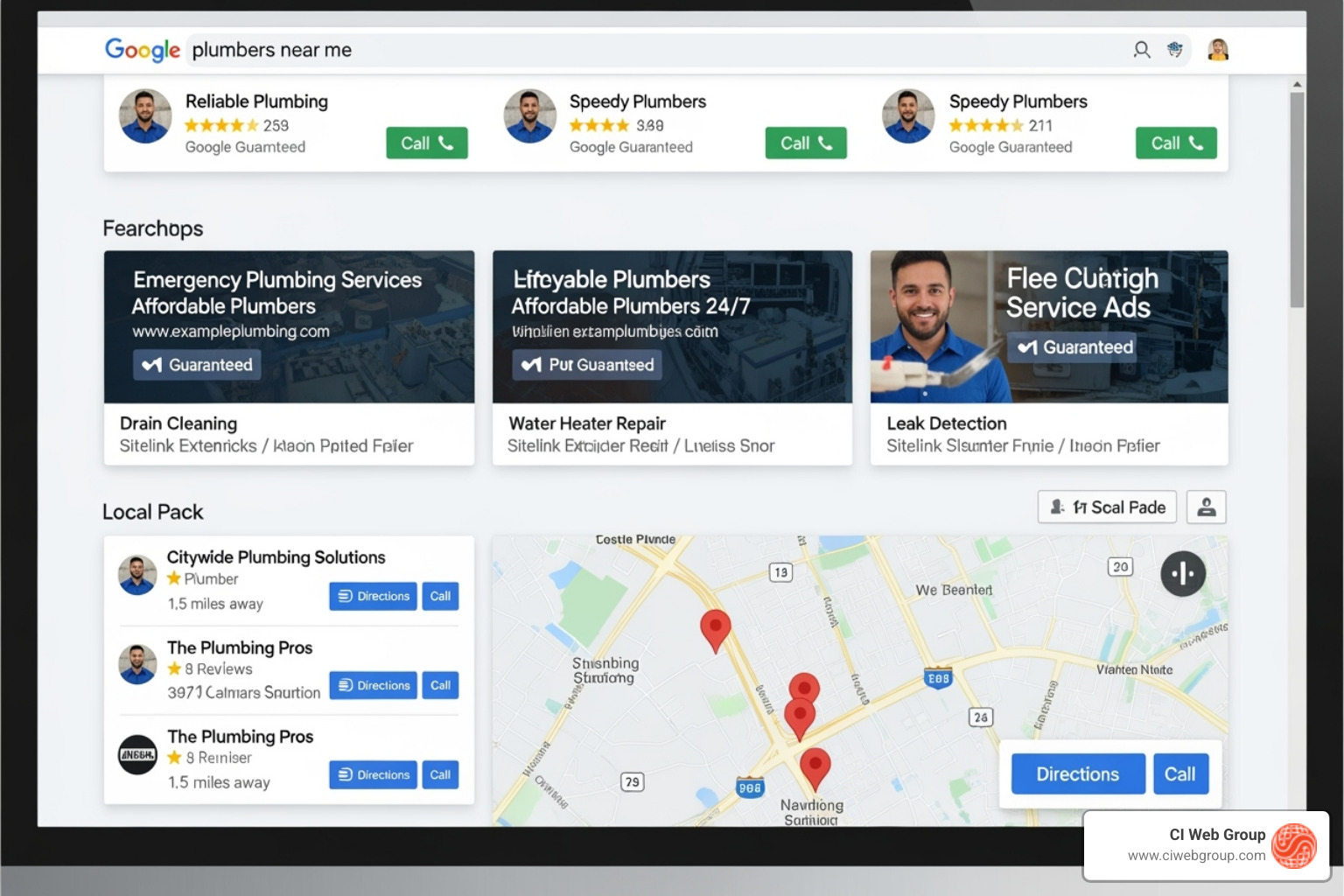 Google search results page showing Local Services Ads, PPC ads, and the local map pack - HVAC contractor marketing