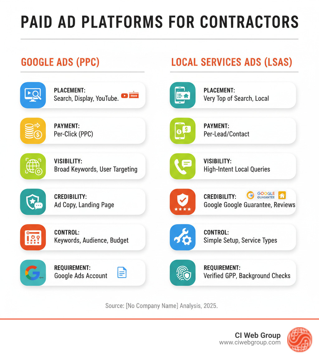 Infographic comparing Google Ads and Local Services Ads features - marketing for contractors infographic 