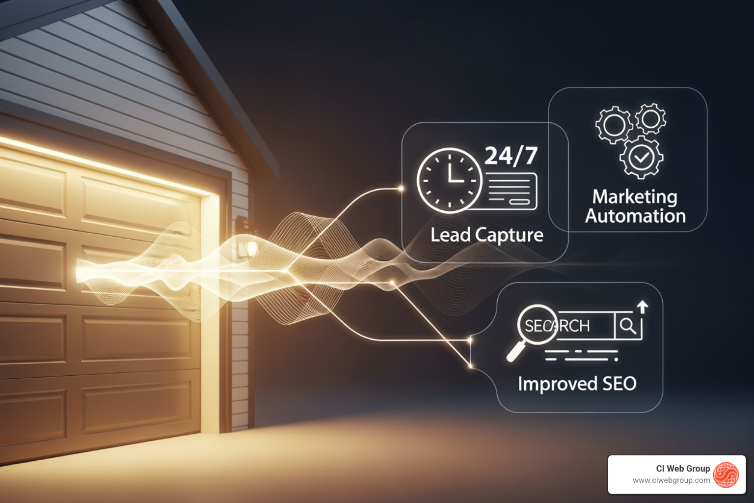 infographic explaining the core benefits of AI for a garage door business: 24/7 Lead Capture, Marketing Automation, and Improved SEO - AI Marketing and Optimization for Garage Door Companies