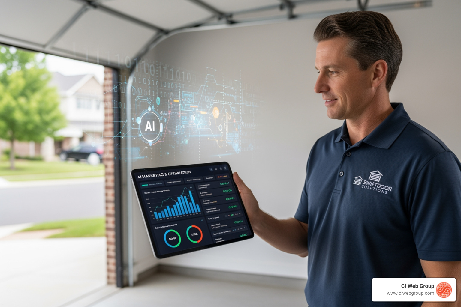 An AI chatbot interface on a garage door company's website answering a customer query at night - AI Marketing and Optimization for Garage Door Companies
