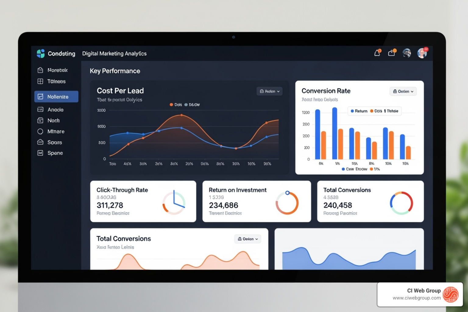 marketing analytics dashboard showing key metrics like Cost Per Lead and Conversion Rate - garage door lead generation service