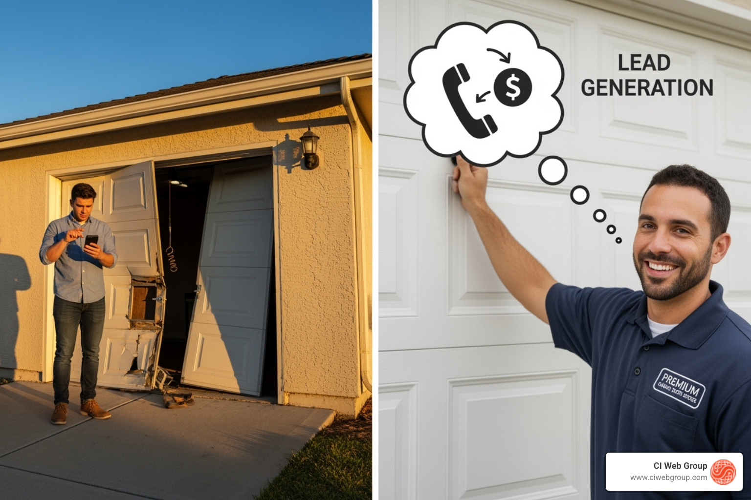 garage door company's Google Business Profile on a map, showing reviews and service area - garage door lead generation service