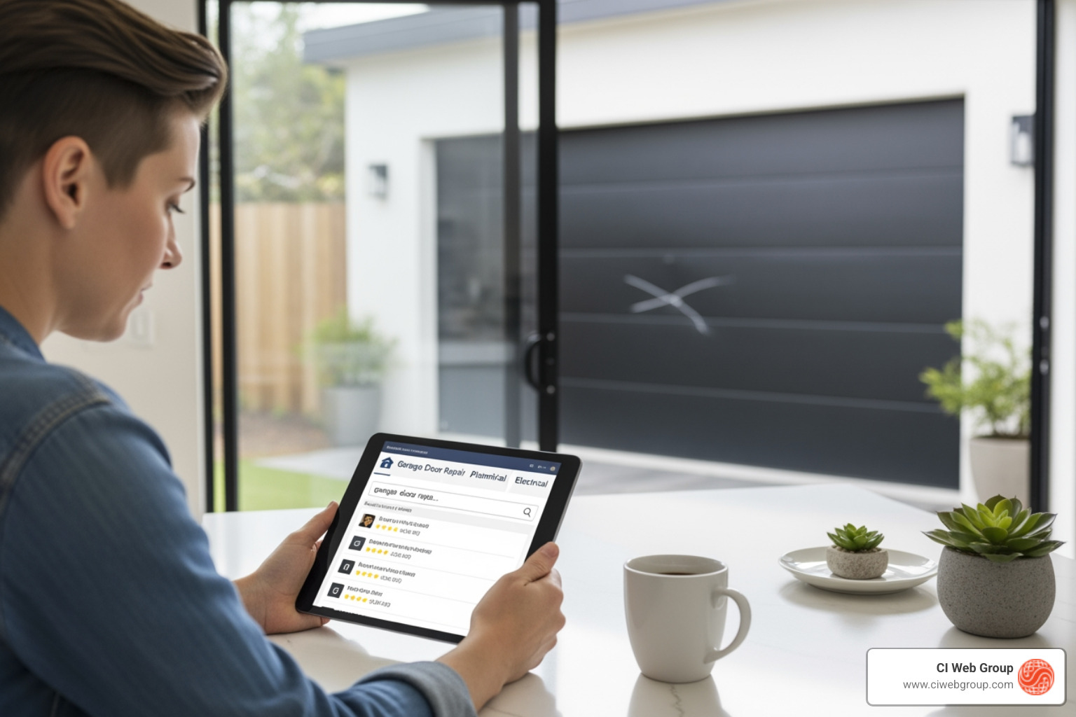 infographic showing the buyer journey for homeowners searching for garage door repair: awareness stage with Google search, consideration stage comparing reviews and websites, decision stage booking service through phone call or online form, with percentage breakdowns showing 97% start online, 70% of clicks go to top 3 map listings, and average response time expectations under 2 hours - leading firms for garage door repair digital marketing