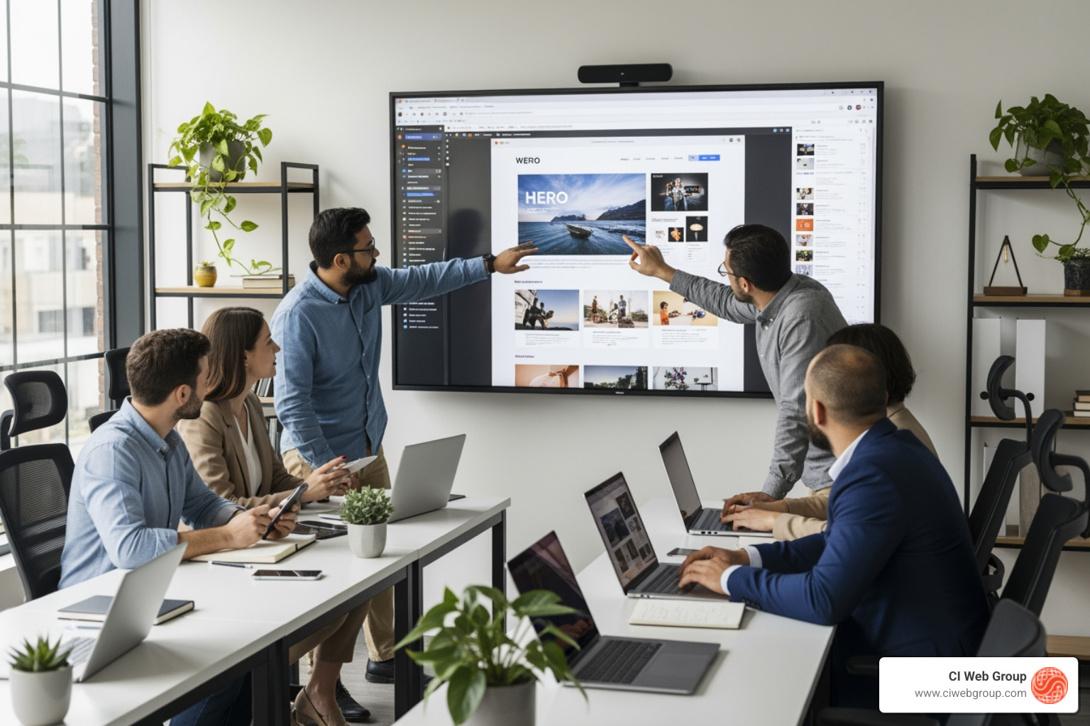 Image of a team collaborating on a Webflow project on a large screen. - Webflow development agency