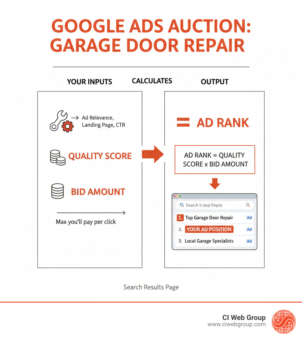 infographic showing the Google Ads auction process with Quality Score, bid amount, and Ad Rank calculation resulting in ad position on search results page - garage door repair ppc company infographic 