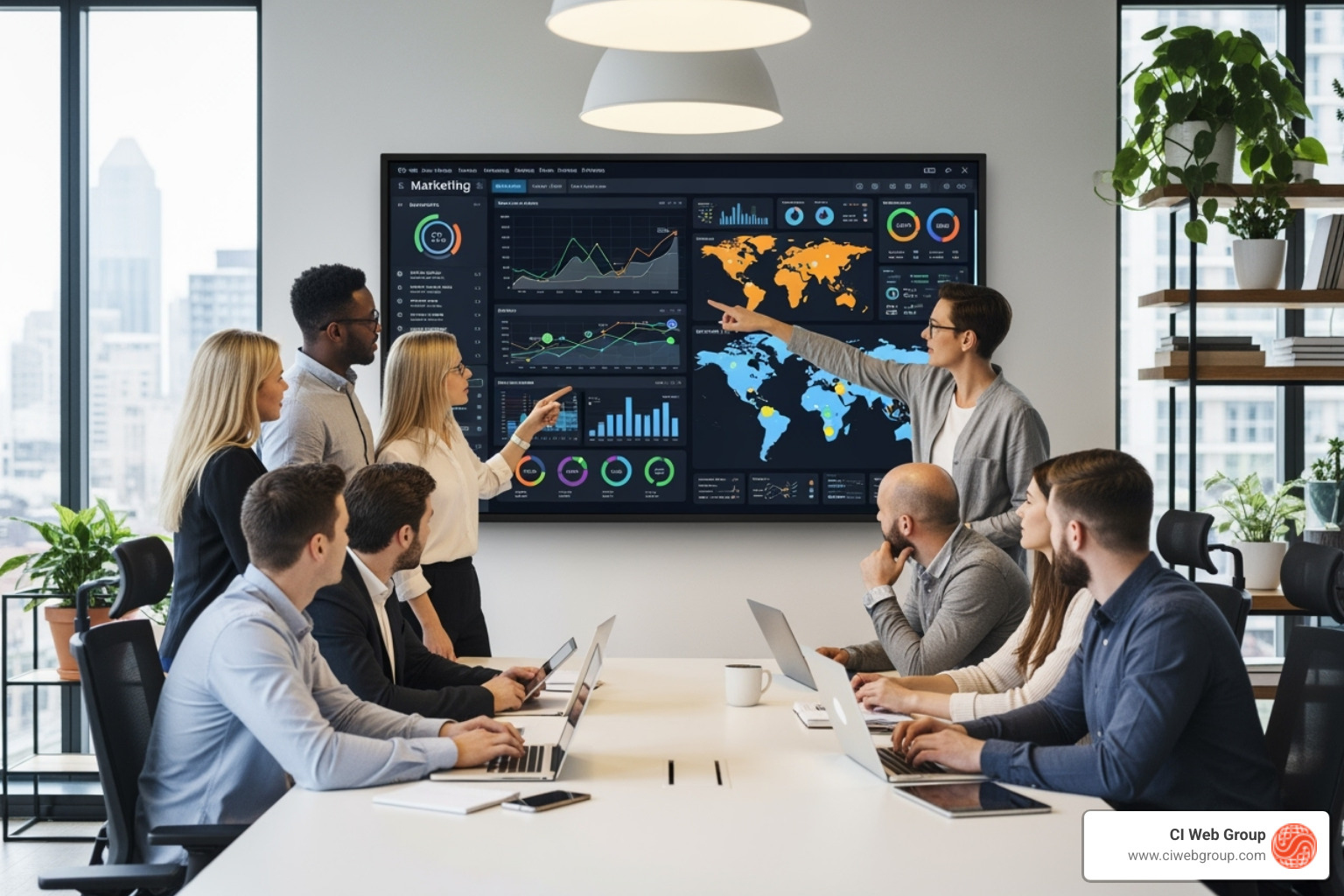 marketing team collaborating on a data dashboard - garage door repair ppc company