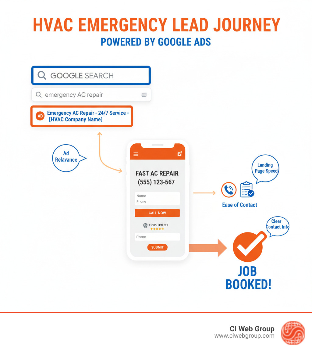 Infographic showing the customer journey from searching "emergency AC repair" on Google, seeing an HVAC company's ad at the top of results, clicking through to a mobile-optimized landing page with clear contact information, calling or filling out a form, and the business booking the job - with annotations showing key decision points like ad relevance, landing page speed, trust signals, and ease of contact - HVAC Google Ads infographic 