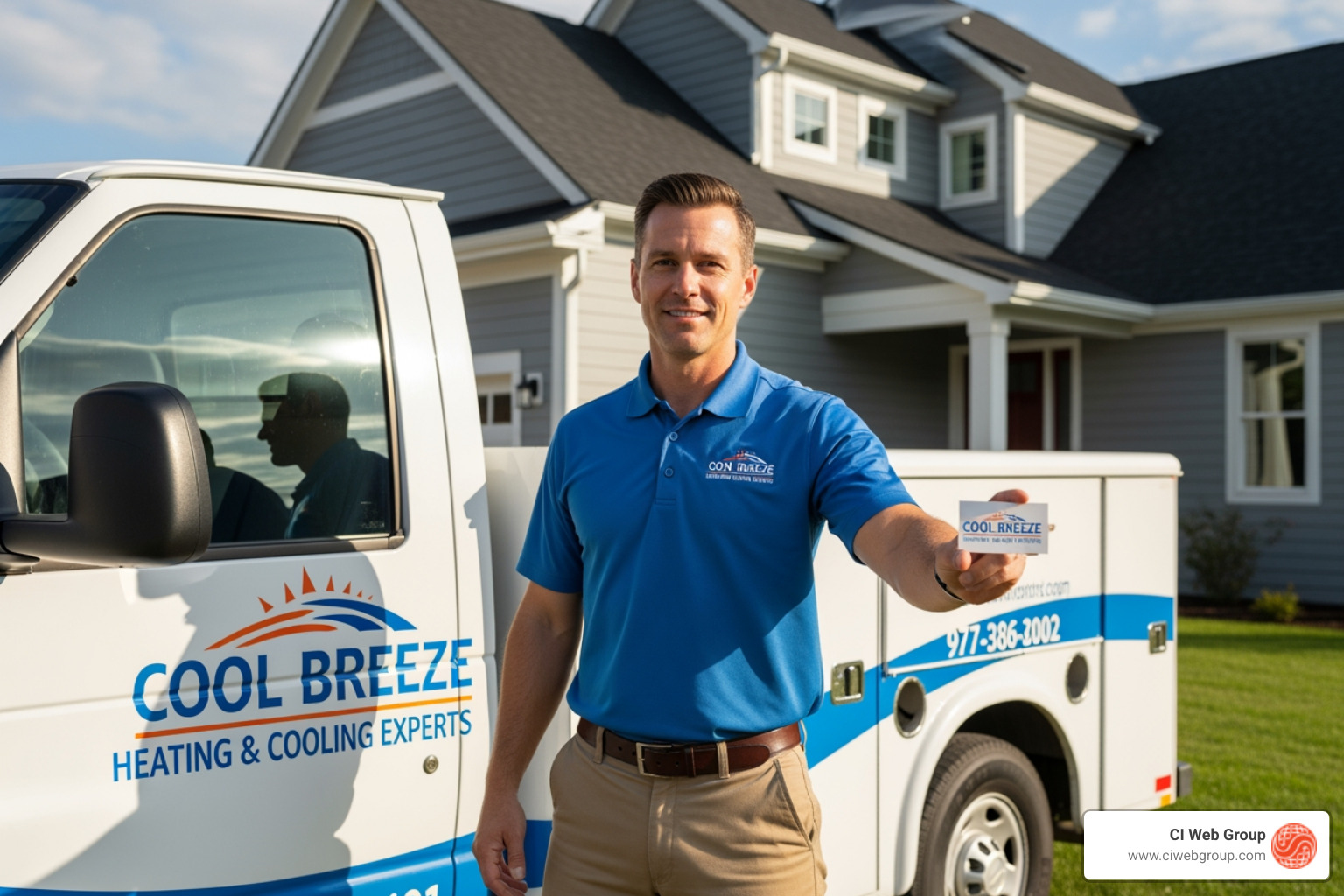 Branded HVAC van, technician uniform, and business card - marketing for hvac companies Branded HVAC van, technician uniform, and business card - marketing for hvac companies