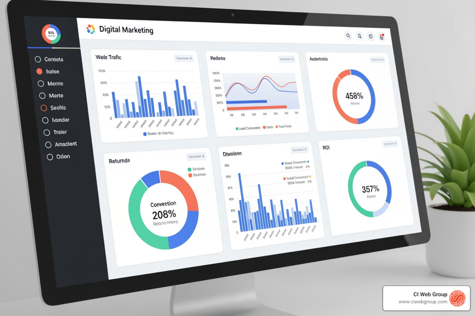 A marketing analytics dashboard showing key performance indicators like website traffic, lead conversions, and campaign ROI - hvac digital marketing agency near me