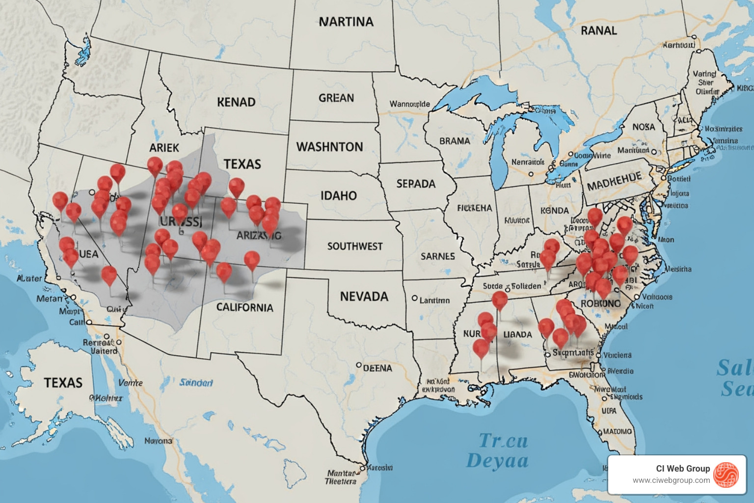 A map with pins illustrating a company's service area coverage in Texas, the Pacific Northwest, and the Southwest - hvac digital marketing agency near me