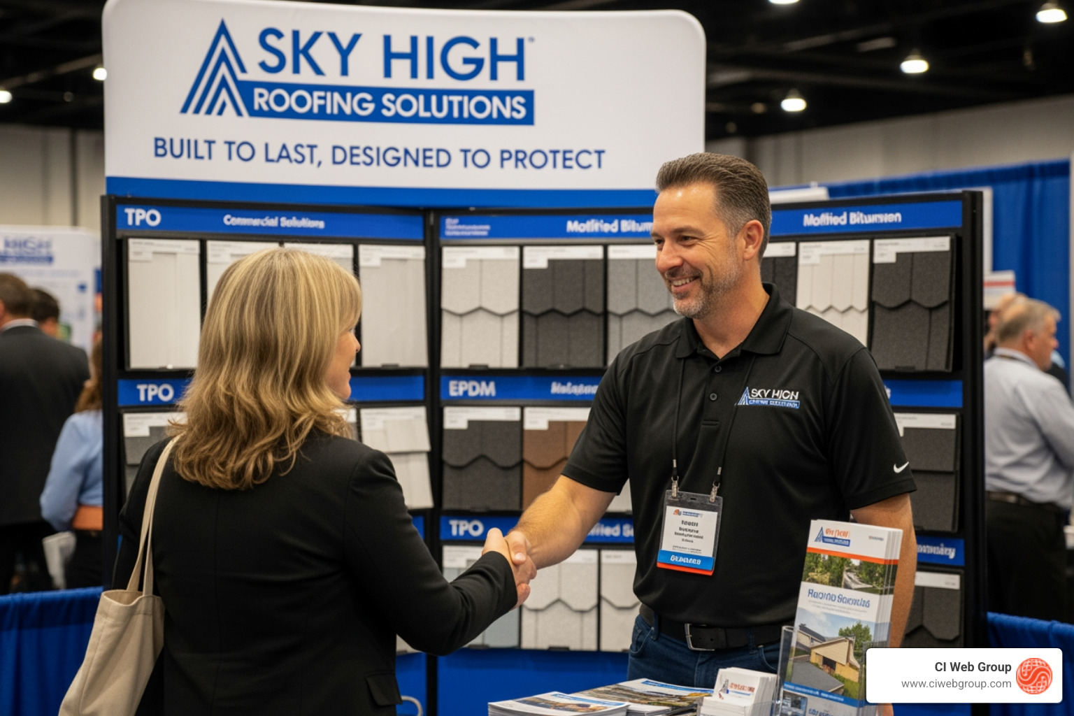 roofer networking at a trade show - commercial roofing leads