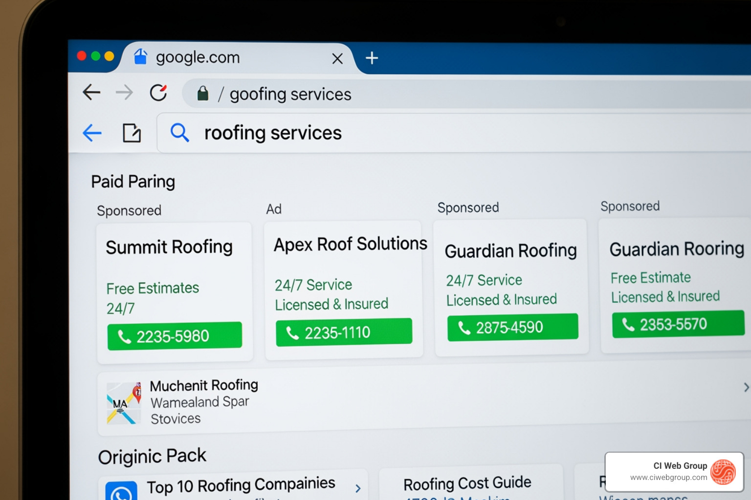 Google search results page with roofing ads highlighted at the top - roofing ppc agency