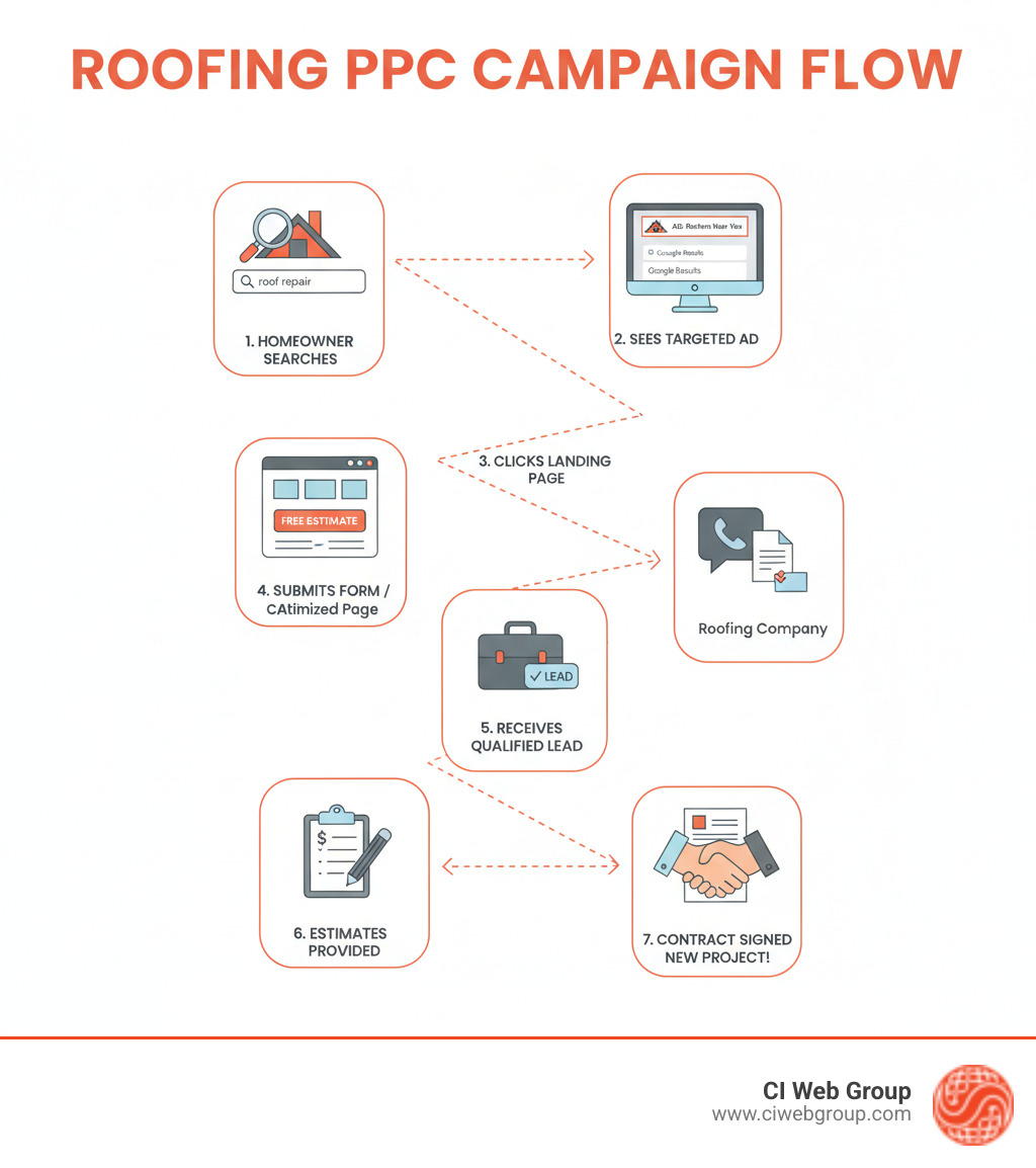 Infographic showing the roofing PPC campaign flow: homeowner searches for roof repair, sees targeted ad at top of Google results, clicks through to optimized landing page, submits contact form or calls, roofing company receives qualified lead, estimates provided, contract signed - roofing ppc agency infographic 