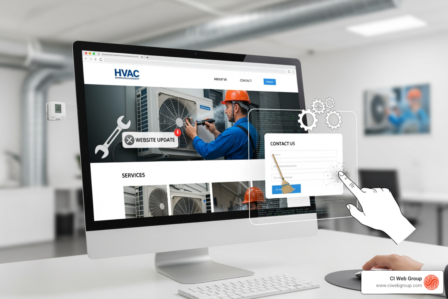 Table showing a sample website maintenance checklist with columns for Task, Frequency (Weekly, Monthly, Quarterly), and Purpose - HVAC website maintenance