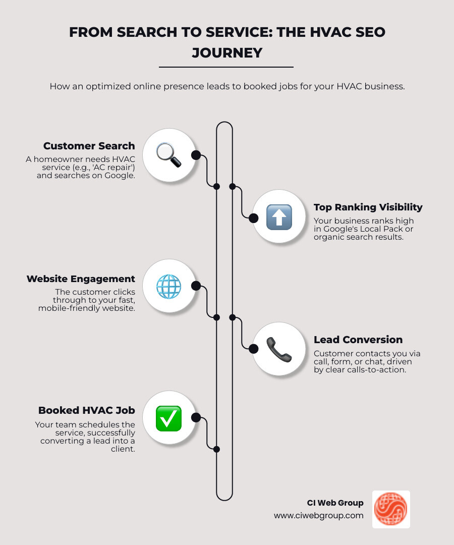 Infographic showing the customer journey from Google search query to booked HVAC job, including local pack results, organic listings, website visit, and conversion - HVAC SEO infographic infographic-line-5-steps-elegant_beige