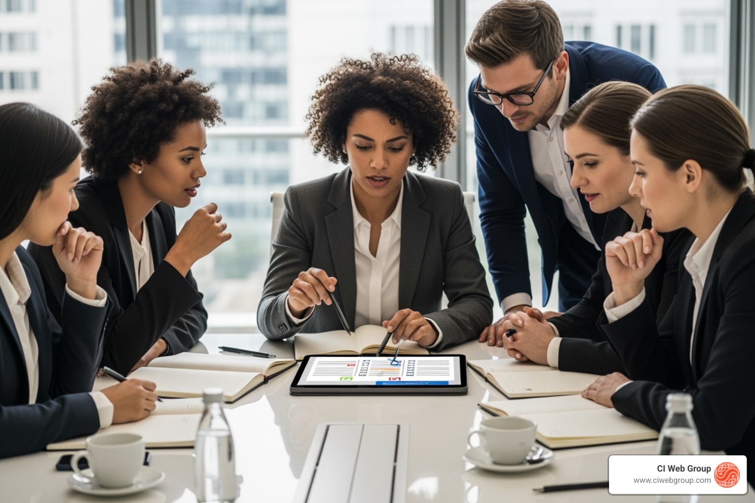 A diverse team of professionals reviewing a checklist on a digital tablet, symbolizing the careful selection process for a marketing partner - HVAC digital marketing agency A diverse team of professionals reviewing a checklist on a digital tablet, symbolizing the careful selection process for a marketing partner - HVAC digital marketing agency