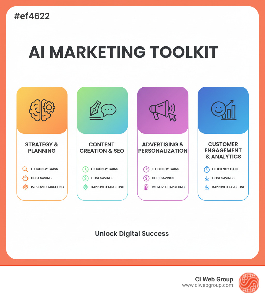 Infographic showing the AI marketing toolkit categories: Strategy & Planning, Content Creation & SEO, Advertising & Personalization, Customer Engagement & Analytics, with key benefits listed for each category including efficiency gains, cost savings, and improved targeting - online marketing ai infographic 