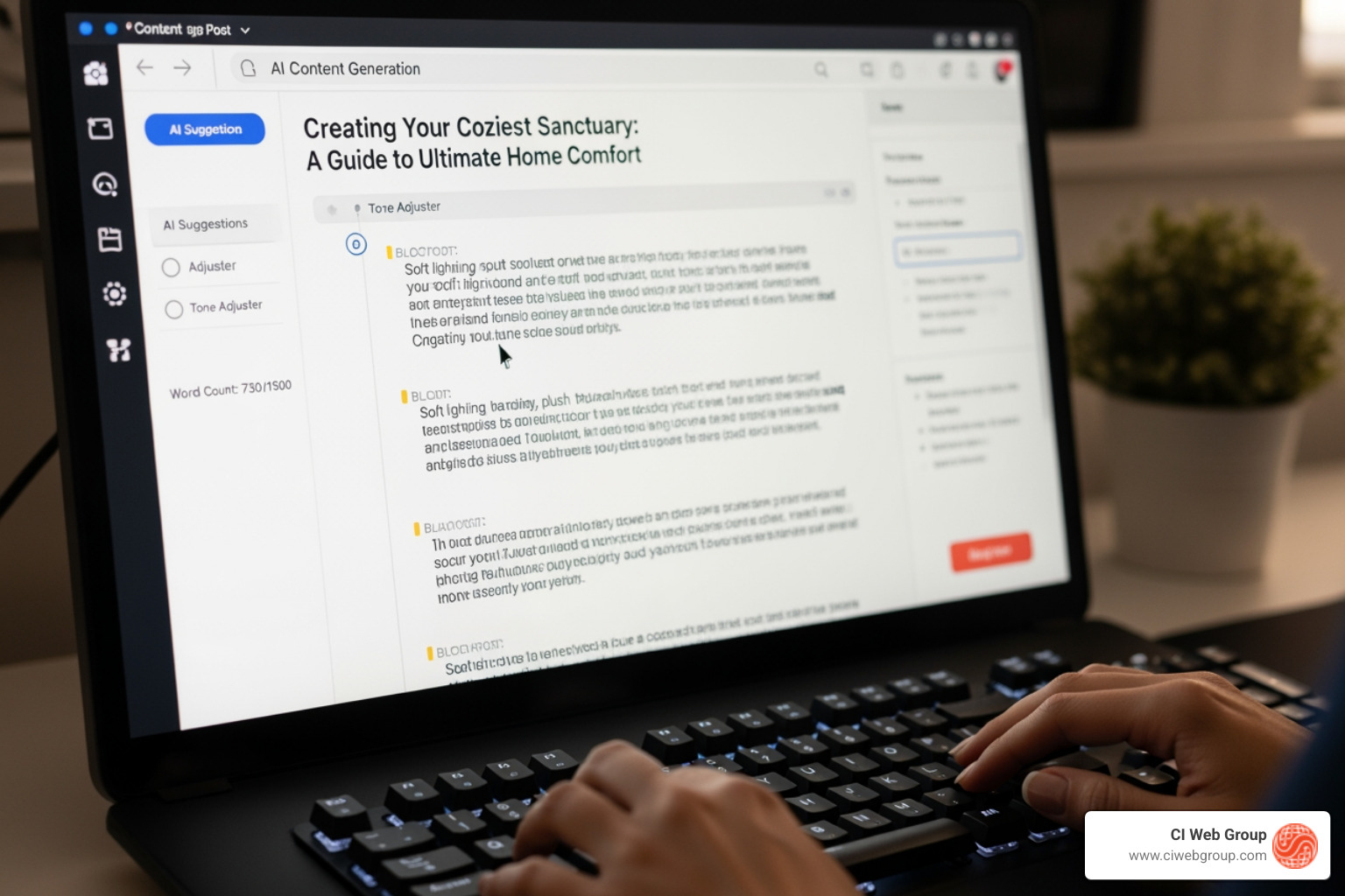 AI content generator interface creating a blog post about home comfort - online marketing ai