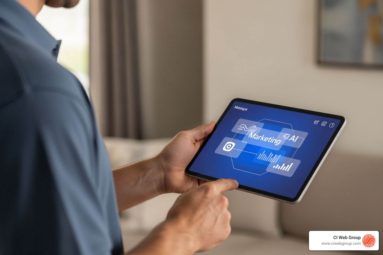 A professional home service technician using a tablet with AI marketing tools displayed on the screen - online marketing ai
