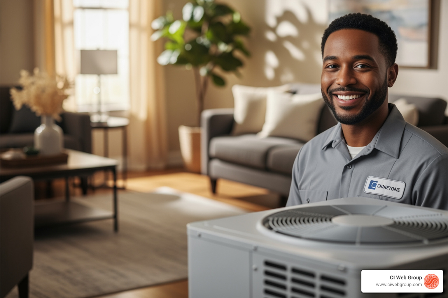 Collage of AI-generated marketing visuals for a home service company, including a friendly technician, a comfortable home interior, and a modern HVAC unit - online marketing ai