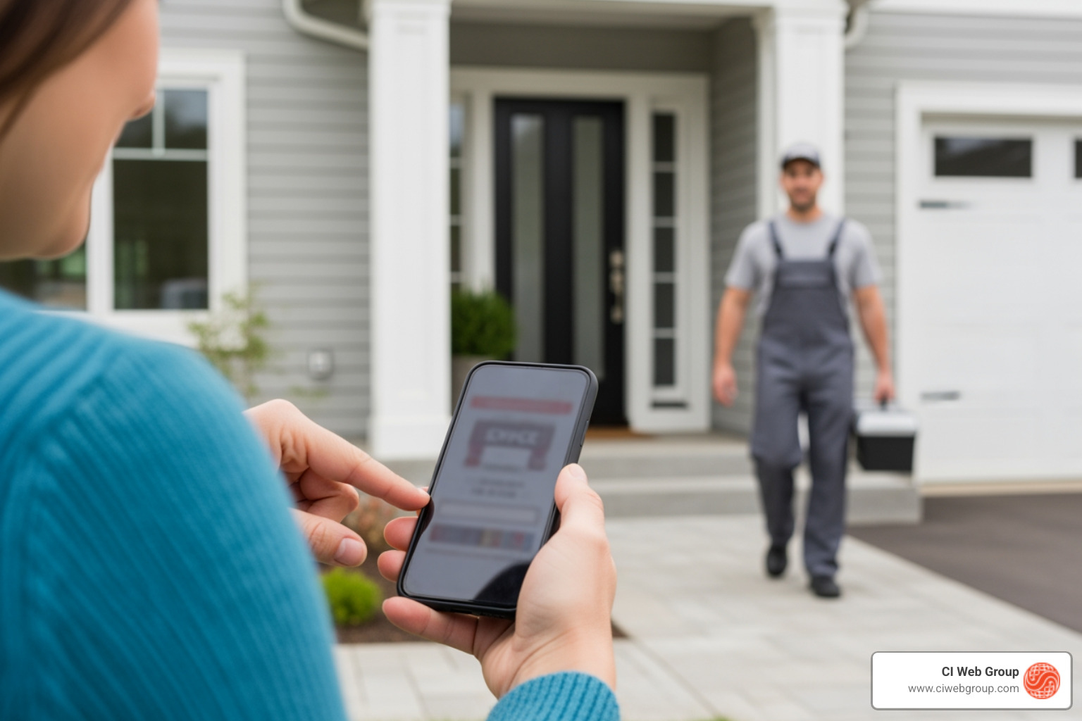 Infographic showing the complete PPC journey for HVAC contractors: starting with a homeowner searching "emergency AC repair near me" on their phone, leading to an HVAC contractor's ad appearing at the top of Google results, the user clicking the ad, landing on a mobile-optimized page with clear contact options, making a phone call, and ending with a technician arriving at their home and completing the job—with conversion tracking connecting ad spend to booked revenue - hvac contractor ppc Infographic showing the complete PPC journey for HVAC contractors: starting with a homeowner searching "emergency AC repair near me" on their phone, leading to an HVAC contractor's ad appearing at the top of Google results, the user clicking the ad, landing on a mobile-optimized page with clear contact options, making a phone call, and ending with a technician arriving at their home and completing the job—with conversion tracking connecting ad spend to booked revenue - hvac contractor ppc