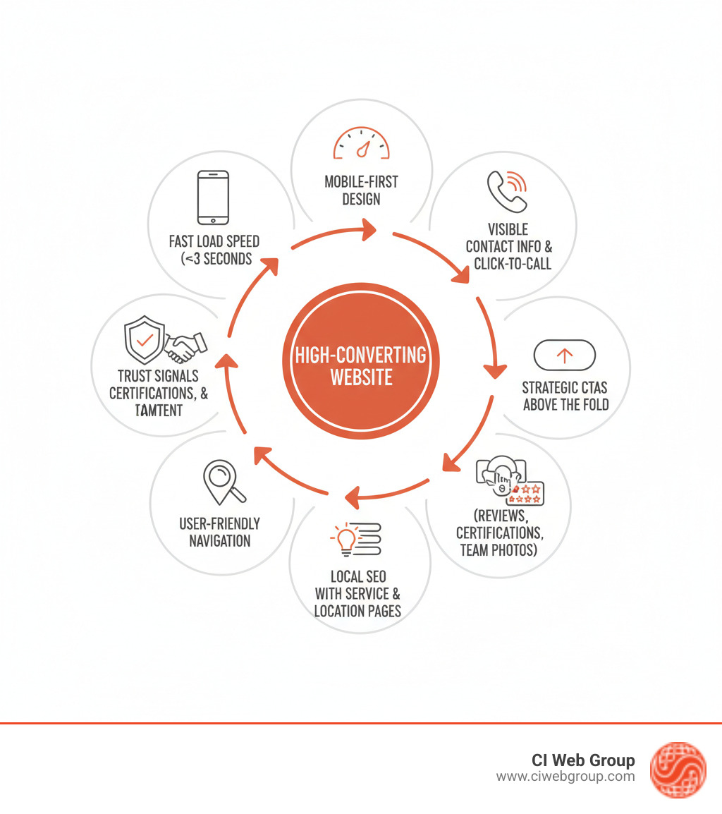 Infographic showing the 8 core pest control website design best practices in a circular flow: starting with Mobile-First Design at the top, moving clockwise through Fast Load Speed (under 3 seconds), Visible Contact Info & Click-to-Call, Strategic CTAs Above the Fold, Trust Signals (reviews, certifications, team photos), Local SEO with Service & Location Pages, User-Friendly Navigation, and Compelling Educational Content, with arrows connecting each element and a central badge reading "High-Converting Website" - pest control website design best practices infographic Infographic showing the 8 core pest control website design best practices in a circular flow: starting with Mobile-First Design at the top, moving clockwise through Fast Load Speed (under 3 seconds), Visible Contact Info & Click-to-Call, Strategic CTAs Above the Fold, Trust Signals (reviews, certifications, team photos), Local SEO with Service & Location Pages, User-Friendly Navigation, and Compelling Educational Content, with arrows connecting each element and a central badge reading "High-Converting Website" - pest control website design best practices infographic