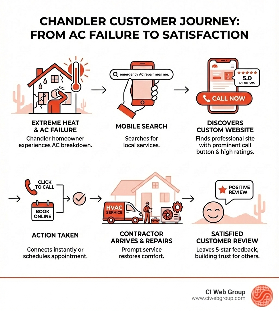 Infographic showing the customer journey: Chandler homeowner experiences AC failure during extreme heat, searches "emergency AC repair near me" on mobile phone, finds custom HVAC website with prominent call button and 5-star reviews, clicks to call or books online appointment, contractor arrives and completes repair, satisfied customer leaves positive review - chandler custom hvac website design infographic 