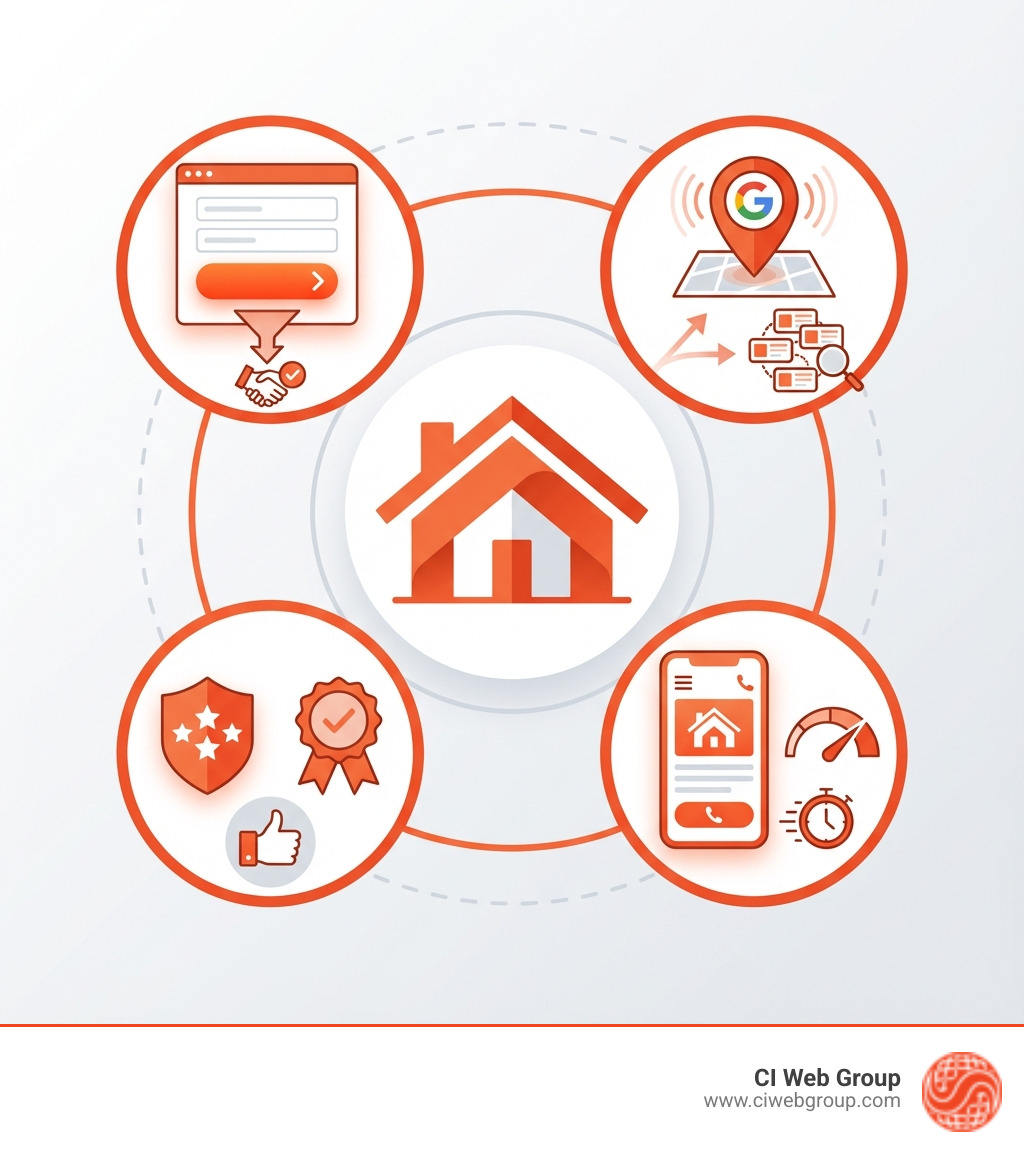 Infographic showing the four key pillars of roofing website optimization: Conversion Rate Optimization with simplified forms and clear CTAs, Local SEO with Google Business Profile and citations, Trust Signals including reviews and certifications, and Technical Performance covering mobile-friendliness and page speed - Roofing website optimization infographic Infographic showing the four key pillars of roofing website optimization: Conversion Rate Optimization with simplified forms and clear CTAs, Local SEO with Google Business Profile and citations, Trust Signals including reviews and certifications, and Technical Performance covering mobile-friendliness and page speed - Roofing website optimization infographic
