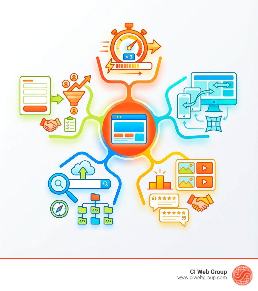infographic showing 5 essential features of high-converting agency themes: 1. Page load speed under 3 seconds with performance optimization, 2. Mobile-first responsive design for all devices, 3. Portfolio and testimonial sections for credibility, 4. SEO-ready structure with schema markup, 5. Lead generation tools and form integration - digital marketing wordpress themes infographic 