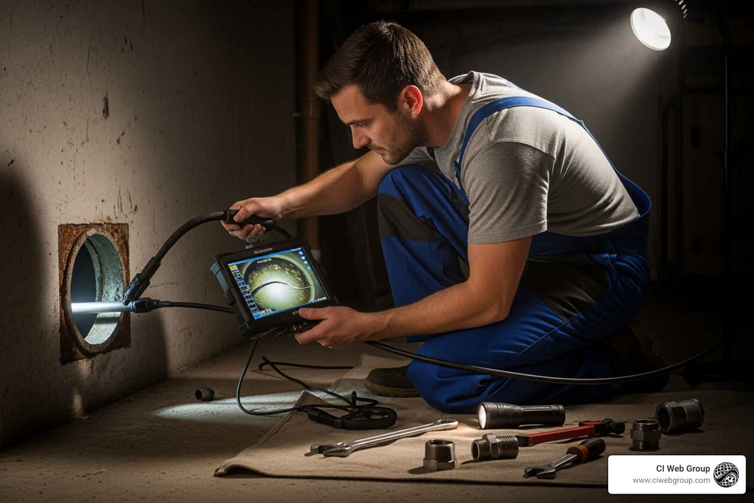 Image of a plumber using a video inspection camera in a drain - commercial plumbing near me