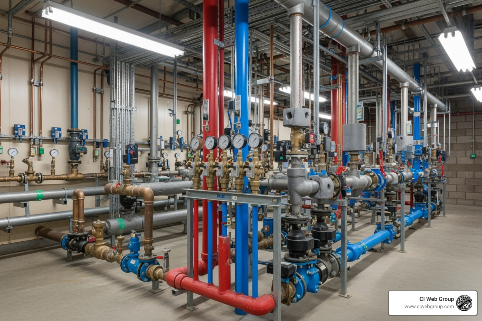 Image of complex commercial piping in a utility room - commercial plumbing near me