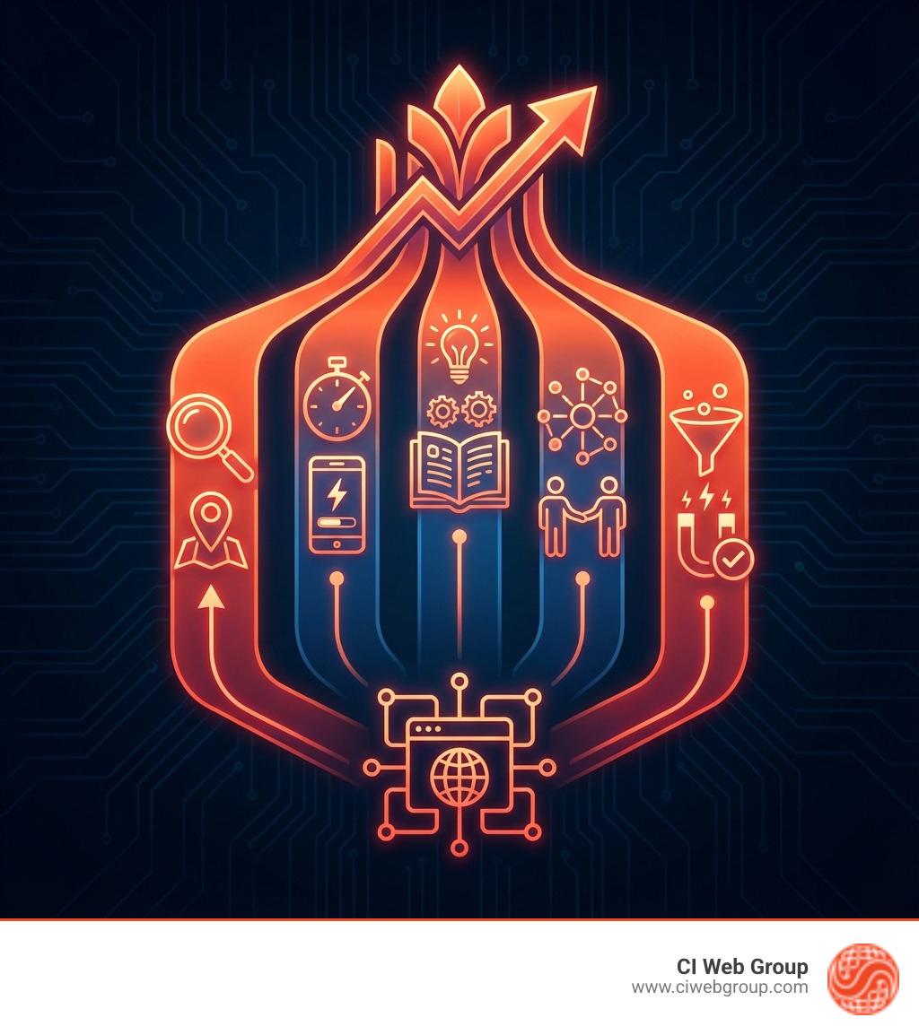 infographic showing the 5 pillars of business growth websites: Visibility through SEO and local search, User Experience with fast load times and mobile design, Learning Resources for strategy and insights, Networking Platforms for connections and mentorship, and Lead Generation through automation and conversion optimization - Business growth websites infographic 