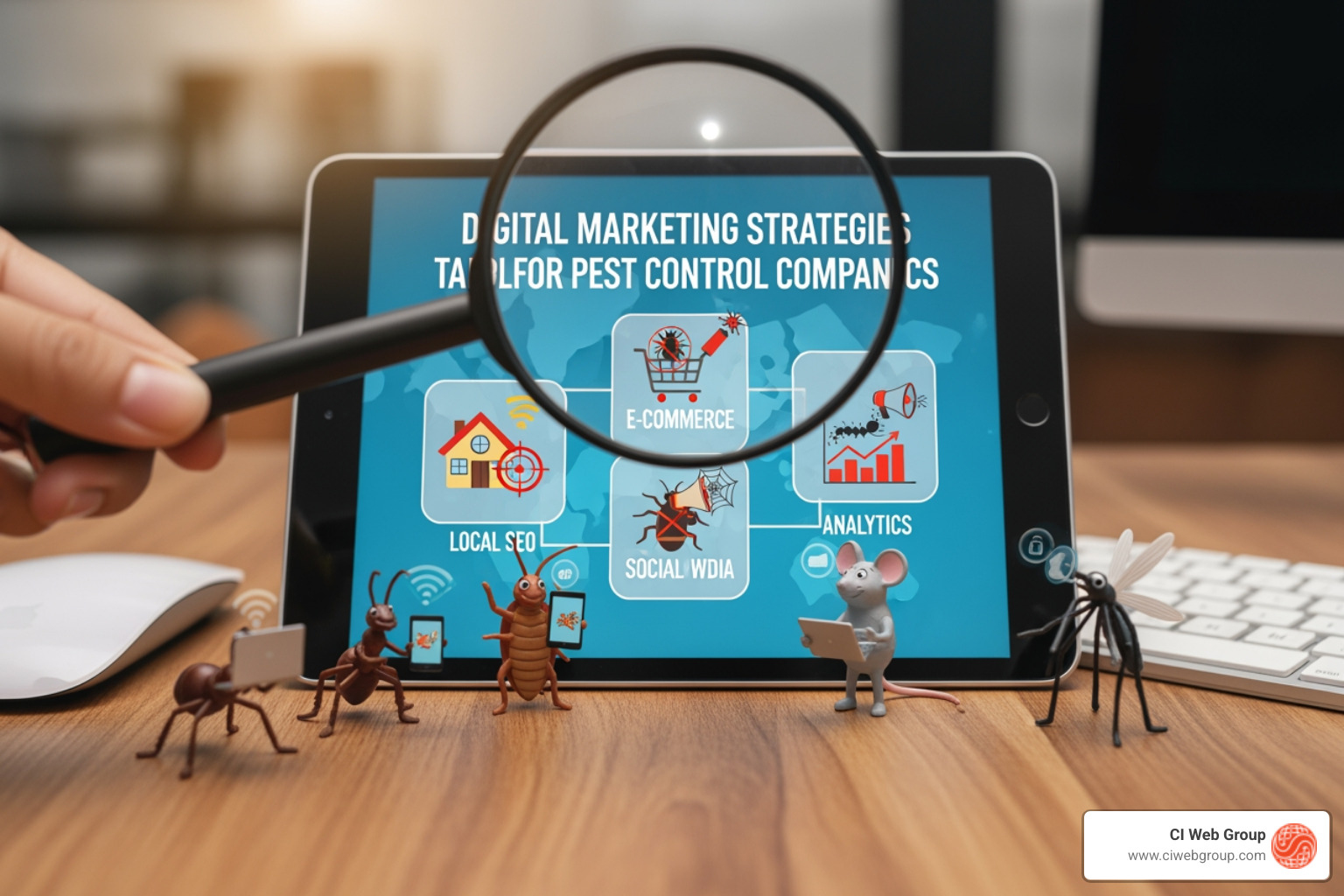 Infographic showing the pest control customer journey from online search through service booking, including key touchpoints: initial search query, comparing options and reviews, visiting company website, requesting quote or information, follow-up contact, and booking service appointment - digital marketing for pest control companies