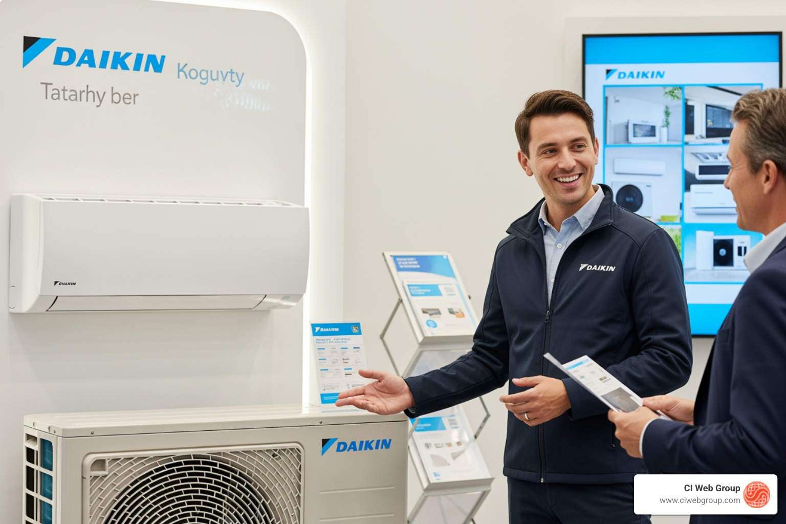 Infographic showing the four pillars of Daikin dealer success: Marketing Accrual Funds with dollar signs and percentage rates from 1-10%, Marketing Toolkit with icons for promotional materials and digital resources, Training & Support with Daikin University logo and certification symbols, and Digital Strategy with website and SEO elements—all connected to a central Daikin dealer logo - Daikin Dealer Marketing