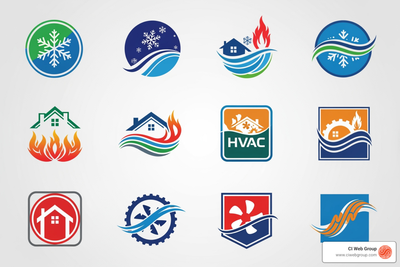 infographic showing the 5 essential elements of memorable hvac logos for business: 1. Strategic color palette combining warm and cool tones, 2. Bold Sans Serif typography for readability, 3. Relevant symbols like snowflakes flames or abstract wind elements, 4. Simple scalable layout that works across all materials, 5. Professional design that conveys trust and reliability - hvac logos for business