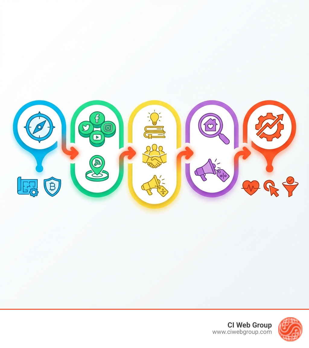 Infographic showing 5 key steps to HVAC social media success: 1. Strategy - Define goals and brand identity, 2. Platforms - Choose Facebook, Instagram, YouTube, and local networks, 3. Content - Mix educational posts with company culture and promotions, 4. Ads - Target local homeowners with compelling offers, 5. Measurement - Track engagement, clicks, and conversions - social media marketing for hvac companies infographic 