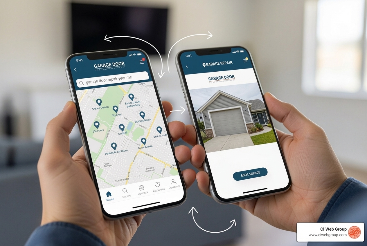 Infographic showing the customer journey from searching "garage door repair near me" on a smartphone, to viewing Google Maps results with local businesses, to clicking a listing, viewing the website, and finally calling or booking a service appointment online - seo company for garage door business