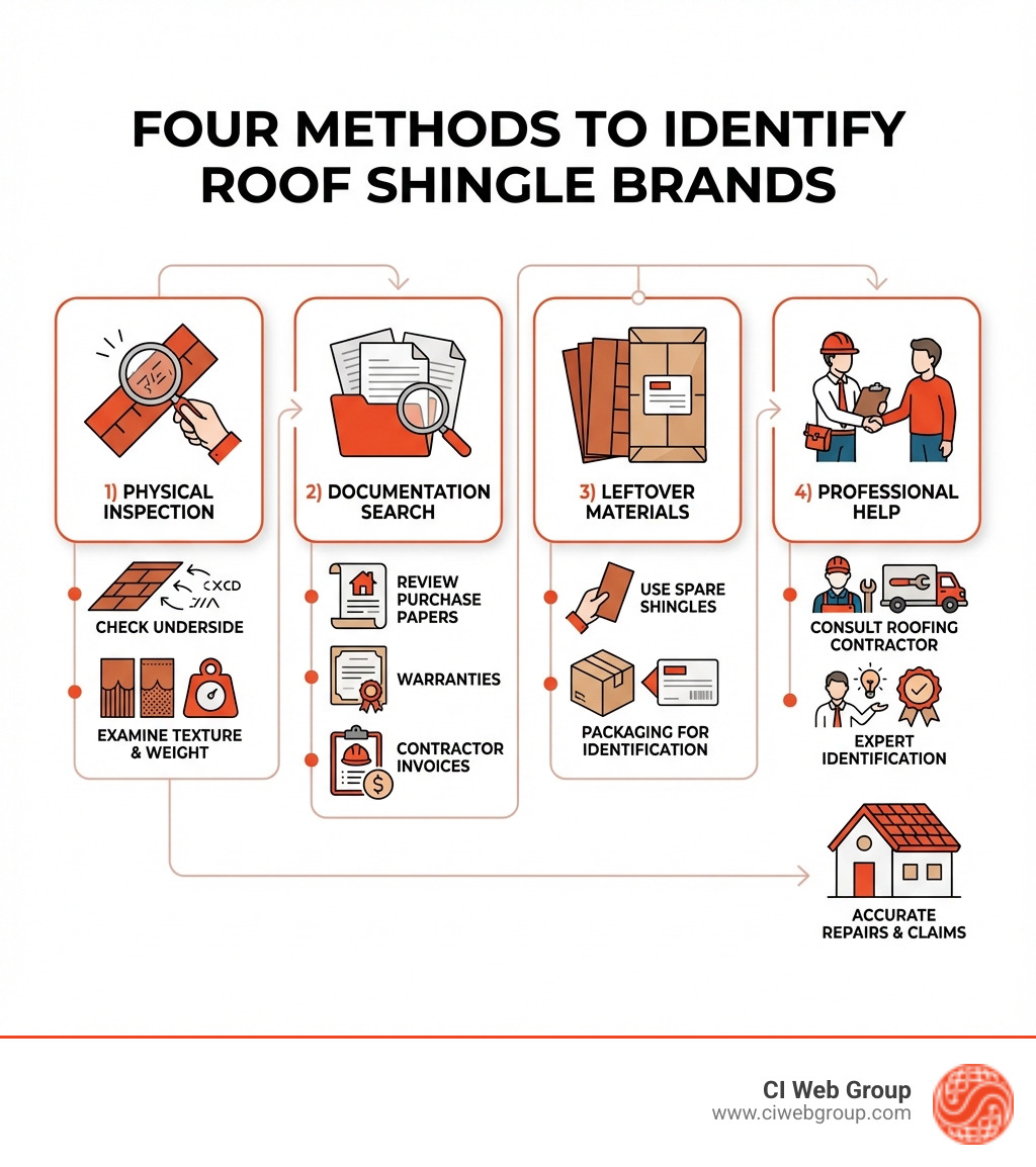 Infographic showing four methods to identify roof shingle brands: 1) Physical Inspection - check underside of loose shingles for markings, examine texture and weight; 2) Documentation Search - review purchase papers, warranties, contractor invoices; 3) Leftover Materials - use spare shingles or packaging for identification; 4) Professional Help - consult roofing contractor for expert identification. Each method includes icons and brief descriptions of what to look for. - how to determine a brand of shingle for a roof infographic 